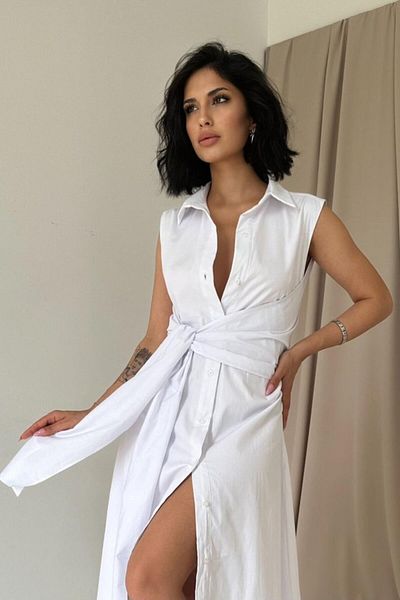 Femella Women Fashion White Shirt Collar Tie Dress