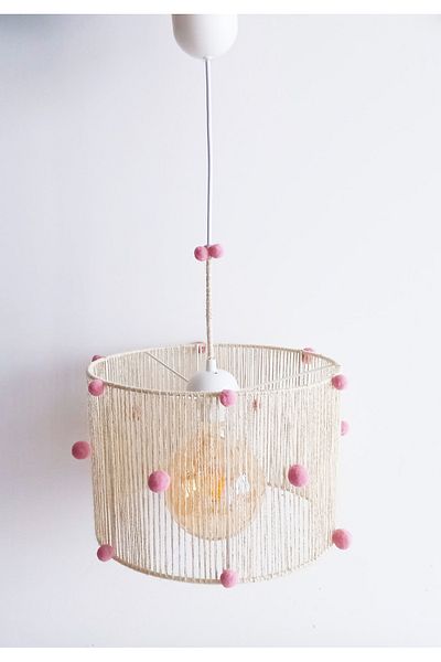 C&A&B KUZEY AVİZE Ecru Jute Rope Wrapped Pink Pompom Pendant Lamp Chandelier for Baby Girl and Children's Room
