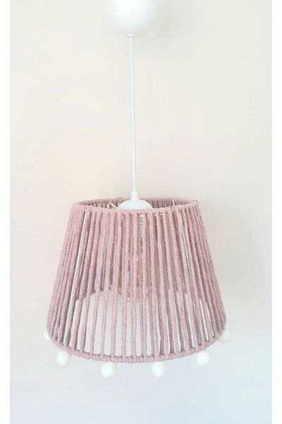 C&A&B KUZEY AVİZE Pink Macrame Rope Wrapped Ecru Pompom Baby and Kids Room Pendant Lamp Chandelier