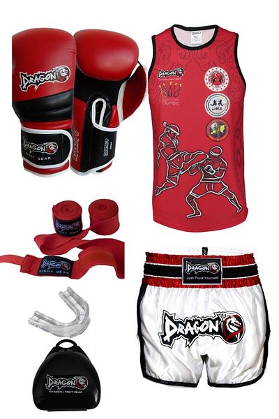 Dragondo Dragon Boxing Set - Attack Boxing Gloves, Retro Shorts, Singlet, Bandage and Mouthguard 5Pc Muay Thai Set