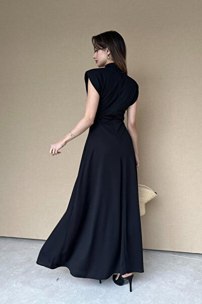 ALFUDO Moda Collection Bisiklet Yaka Yırtmaçlı Siyah Maxi Elbise