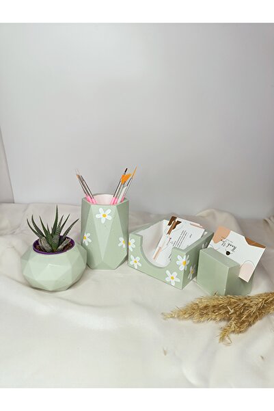 MİLE CONCEPT Masaüstü Dekoratif Papatya Desen Beton Ofis Seti;  Bloknotluk, Saksı, Kalemlik ve Kartlık yeşil