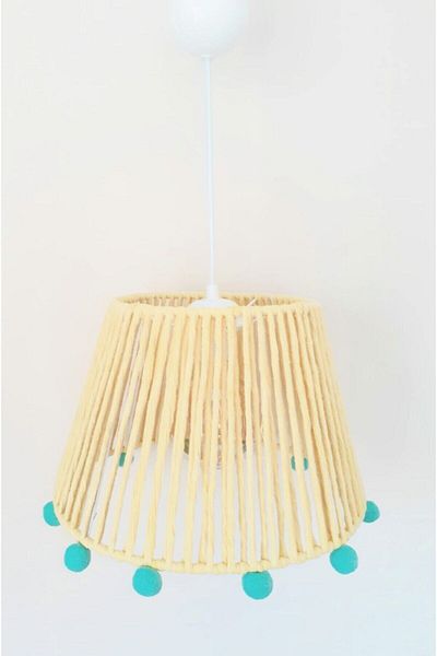 C&A&B KUZEY AVİZE Yellow Macrame Rope Wrapped Mint Color Pompom Pendant Lamp Chandelier