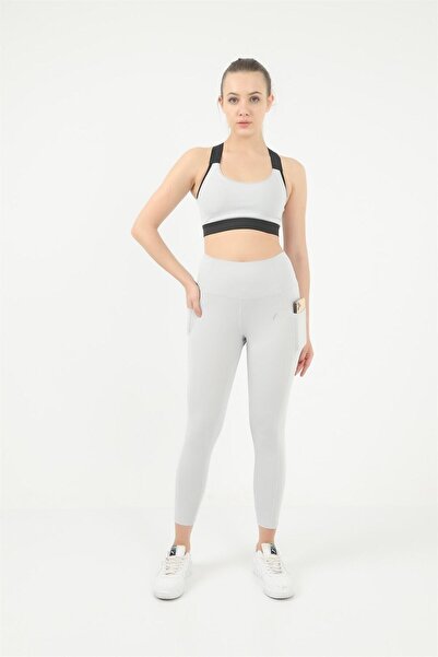 missmaral Women's Silver Gray High Waisted Sports Leggings with Double Side Pockets