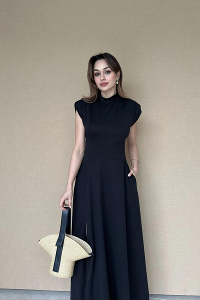 ALFUDO Moda Collection Bisiklet Yaka Yırtmaçlı Siyah Maxi Elbise