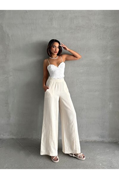 BEJNA Locker geschnittene Damenhose aus Musselin in Ecru