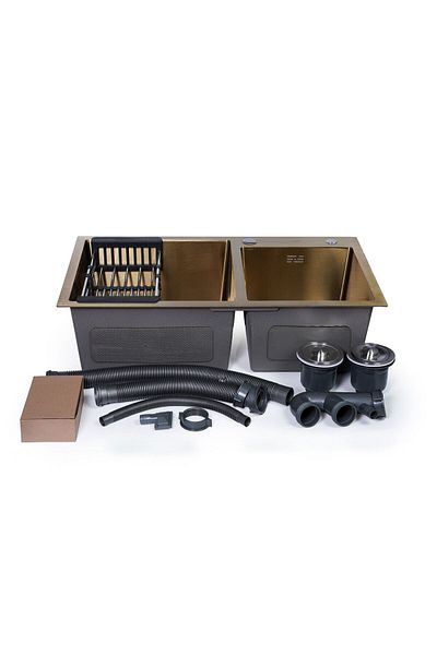 Odonao 304-Stainless Steel Kitchen Sink, double bowl, Gold, 78*43*24