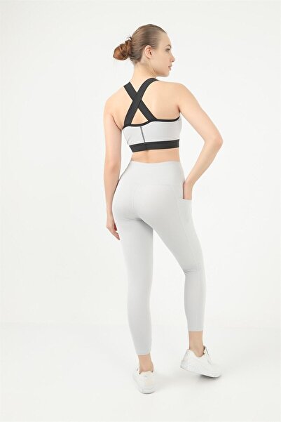 missmaral Women's Silver Gray High Waisted Sports Leggings with Double Side Pockets