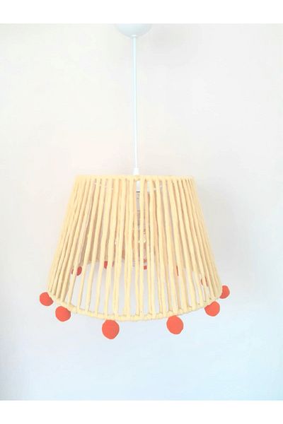 C&A&B KUZEY AVİZE Yellow Macrame Rope Wrapped Orange Pompom Children's and Baby's Room Pendant Lamp Chandelier