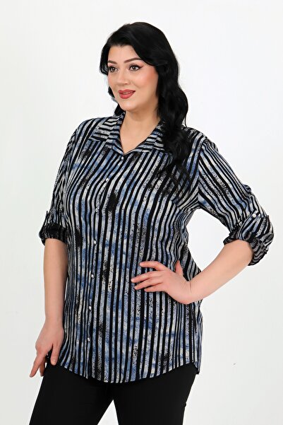 By Alba Collection Cămașă de damă din bumbac cu model indigo, viscoză, mărime mare