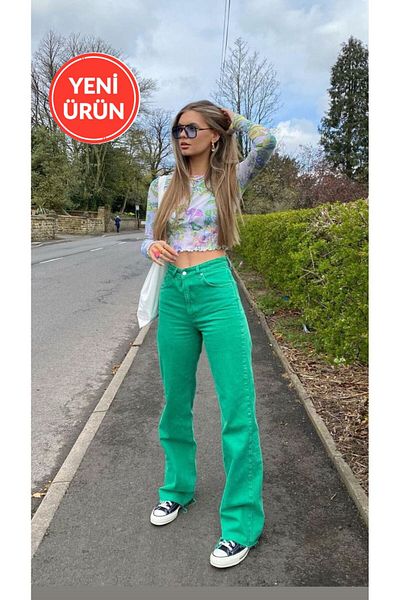 Perryes Women's Green Basic High Waist Palazzo Jeangreen Basic High Waist Palazzo Jean