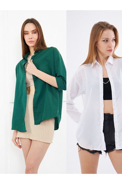 brako tekstil Women's White - Dark Green Oversize Long Basic Shirt