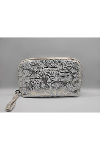 Aksesuarlia Beyaz Renk Altın Desenli Makyaj Çantası , Kulplu ve İç Cepli , Ha...