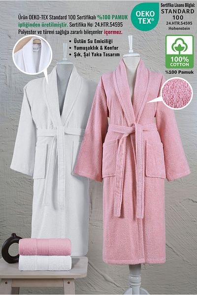 Ellaline Set halate de baie 4 piese 100% bumbac certificat, set halate de familie Shalyaka Dowry alb - roz