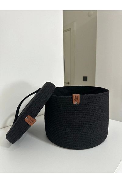 Sevdam Sepet Black Large Size Multi-Purpose Basket with Lid, Cotton Basket, Decorative Basket, Wicker Basket, Rope Basket