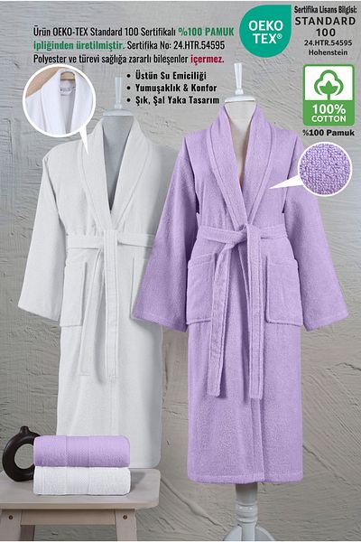 Ellaline Set halate de baie 4 piese 100% bumbac certificat, set halate de familie Shalyaka Dowry Liliac - alb