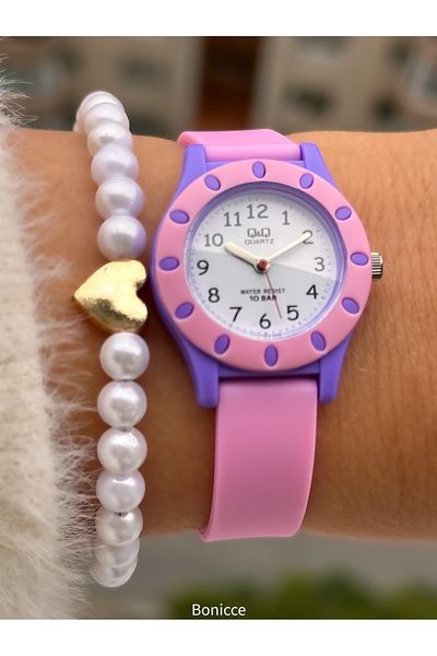 Q&Q 10 Atm, 2 Years Warranty, Pink Silicone Cord Girl's Wristwatch Suitable for Pool and Sea Use