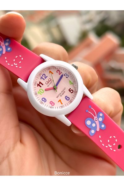 Q&Q 10 Atm, 2 Years Warranty, Pink Silicone Cord Girl's Wristwatch Suitable for Pool and Sea Use