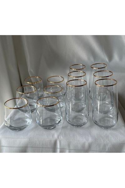 Şahika Kristal cama atılan imza Set of 12 Duru Gold Gilded Water and Masherba Cups