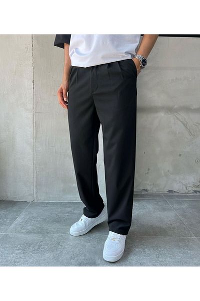 MerStore Men's Pleated Baggy Fabric Trousers with Elastic Waist