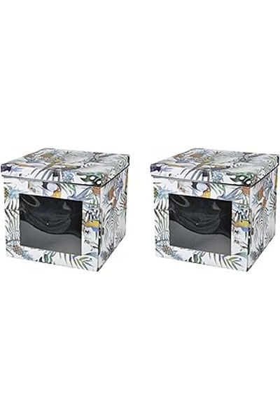 Bosphorus Homi Storage Box Set Tropical Patterned Windowed 2 Pieces 28X28X26Cm
