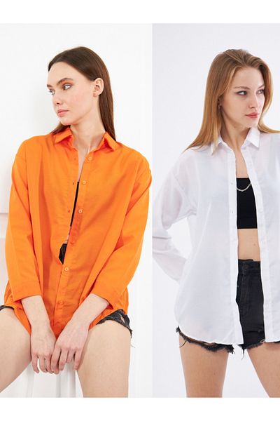 brako tekstil Women's White - Orange Oversize Long Basic Shirt