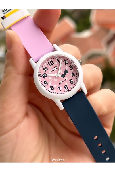 Q&Q 10 Atm, 2 Years Warranty, Navy Blue-Pink Silicone Cord Girl's Wristwatch Suitable for Pool and Sea Use