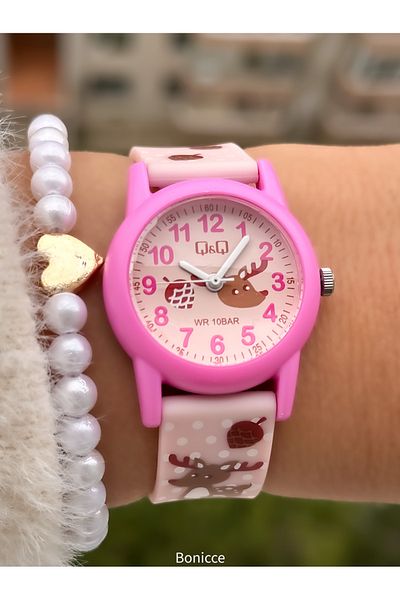 Q&Q 10 Atm, 2 Years Warranty, Pink Silicone Cord Girl's Wristwatch Suitable for Pool and Sea Use
