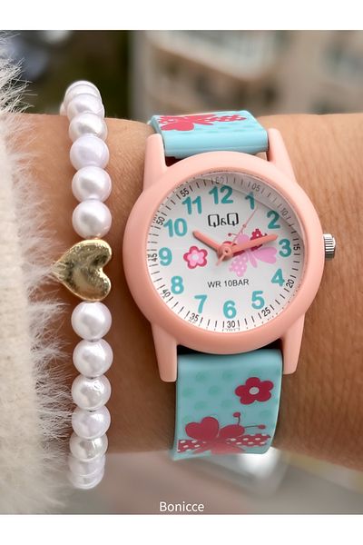Q&Q 10 Atm, 2 Years Warranty, Blue Silicone Cord Girl's Wristwatch Suitable for Pool and Sea Use