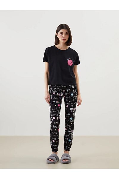 LC Waikiki Set de pijamale de damă cu imprimeu negru cu decolteu