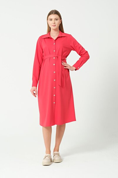 BUSA Hamile Düğmeli Uzun Kollu Midi Boy Elbise NARÇİÇEĞİ
