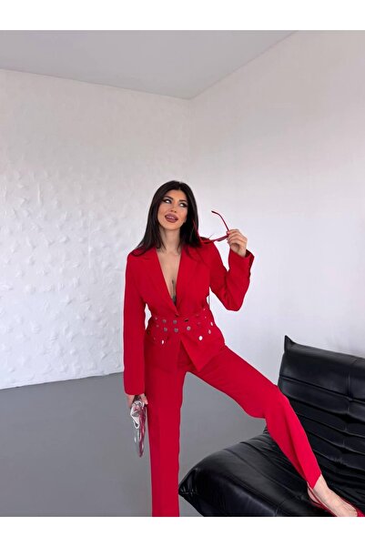 Ekim Store Gold Düğmeli Çift Kemerli İkili Blazer Takım