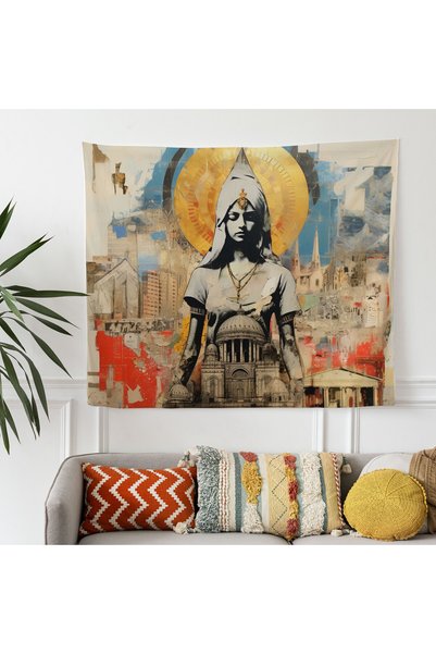 PaintedAnarchy Cultural Collage Fabric Wall Art Drape - 100% Cotton Back, Ranforce Fabric, Vibrant Colors