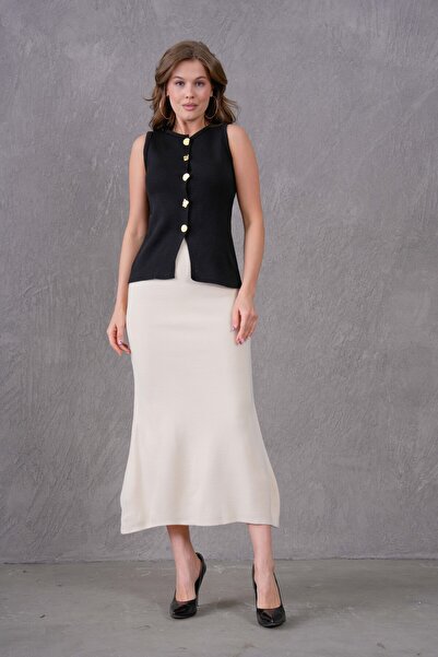 bayansepeti Düğmeli Siyah Triko Yelek ve Midi Boy Krem Etek Alt Üst Triko Tak...