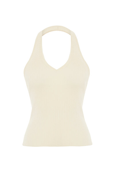 Mudo Women's Ecru V-Neck Open Back Ribbed Knitwear