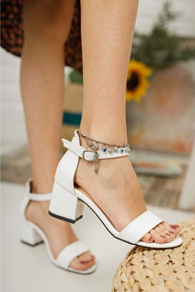 Kocamanlar Ayakkabı Kocamanlar 5cm Heeled Women's Single Band Heeled Shoes WHITE