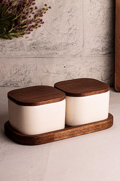 Snippy Luma White 2'Li Vacuum Cup with Wooden Stand Vakum Kap 300 ml