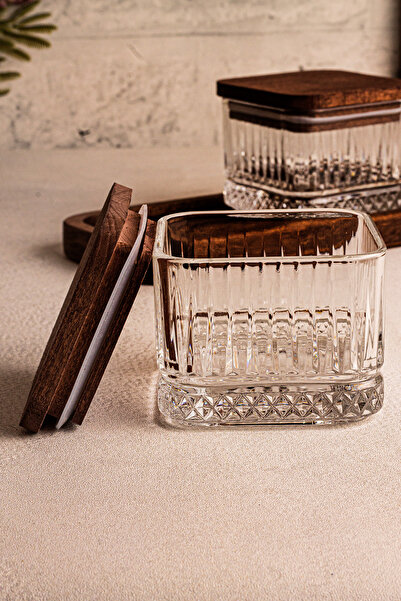 Snippy Bella Kare - 2'li Ahşap Standlı Vakumlu Kapaklı Cam Çerezlik Cam Kase Kahvaltılık 230 ml