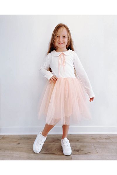 Şirin Şeyler Butiği Perla Rochie Tutu Pufoasă Prințesă Fete Mânecă Lungă Guler Bebe Lycra Elastic Alb Somon