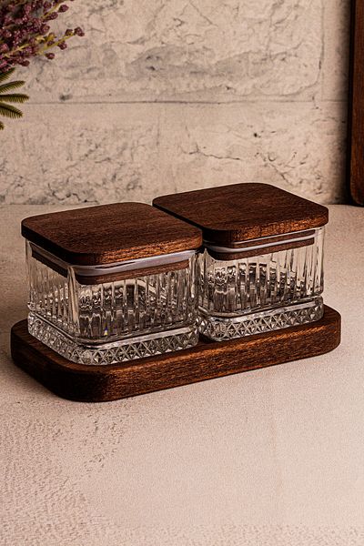 Snippy Bella 230ml Square Bowl - Wooden Stand, Vacuum, Qumzı Millili Glass Snack and Breakfast