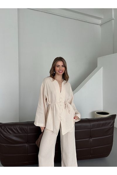 Laluvia Set pantaloni cămașă din bumbac 100% cu mai mulți nasturi Stone - 8377