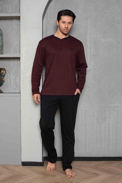 Tarık Set de pijamale pentru bărbați, 100% bumbac, interlock, burgundă, negru, cu picior de gâscă, cu mânecă lungă, cu jumătate de nasturi