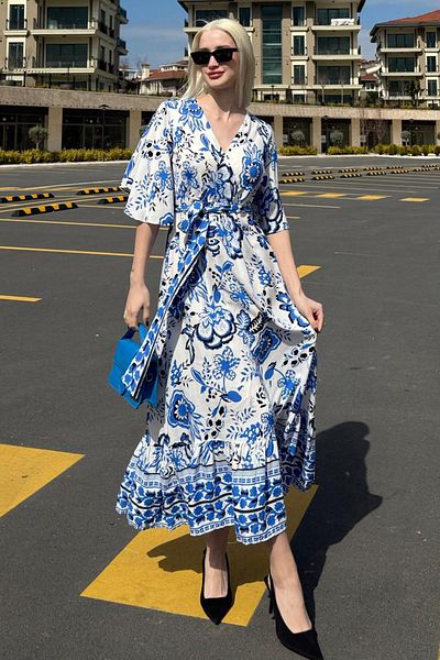 Seeh Rochie de damă albastră cu guler dublu cu model Sh107