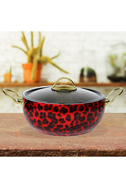 Evren 20 Cm Leopar Kırmızı Granit Güveç Tencere 2,3 Lt (Gold Çelik Kulplu)