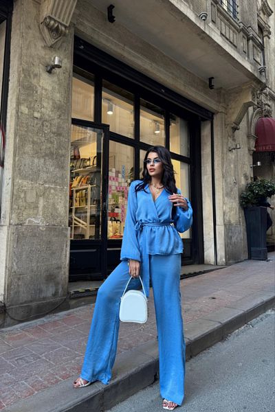 KAZAK Satin Double Breasted Tie Bluz- Pant Suit - Blue