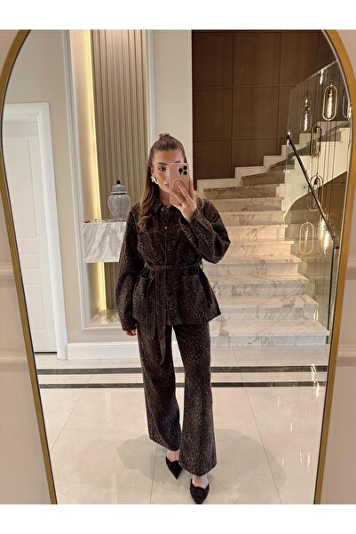 CKBUTİK Leopar Desenli Özel Seri Kuşaklı Gabardin Ceket