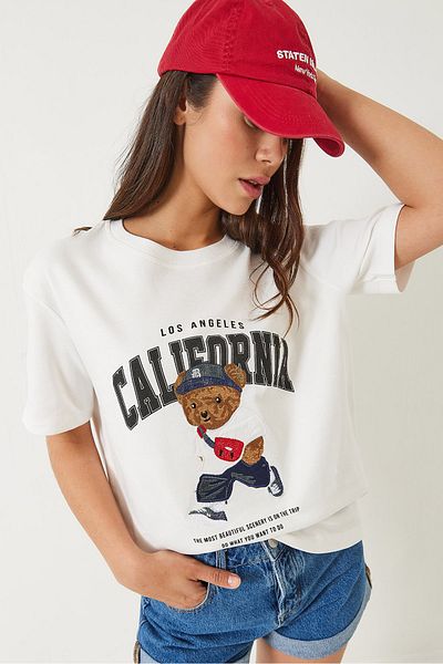 Bianco Lucci Tricou oversize pentru damă, cu decolteu, cu imprimeu Teddy California Los Angeles 60283063