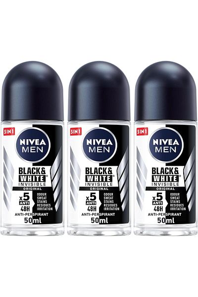 NIVEA Black & White Invisible Original Roll-On Deodorant for Men, 50ml x 3