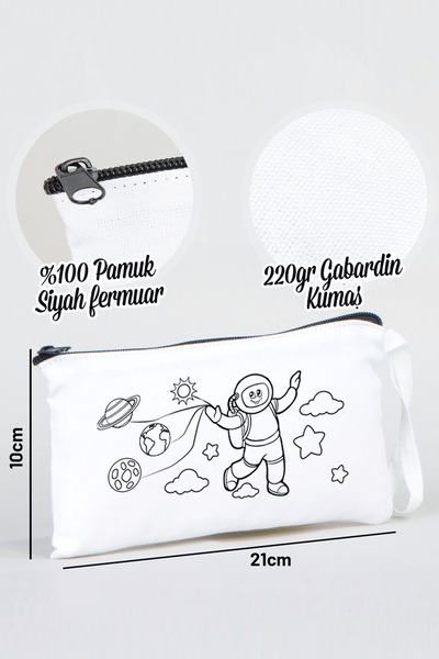 Pamusan Astronot Desenli Boyanabilir Bez Kalemlik | 21x10cm Beyaz Kalem Çantası 10 adet Kalemlik