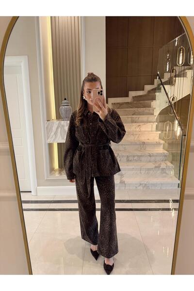 CKBUTİK Leopar Desenli Özel Seri Kuşaklı Gabardin Ceket